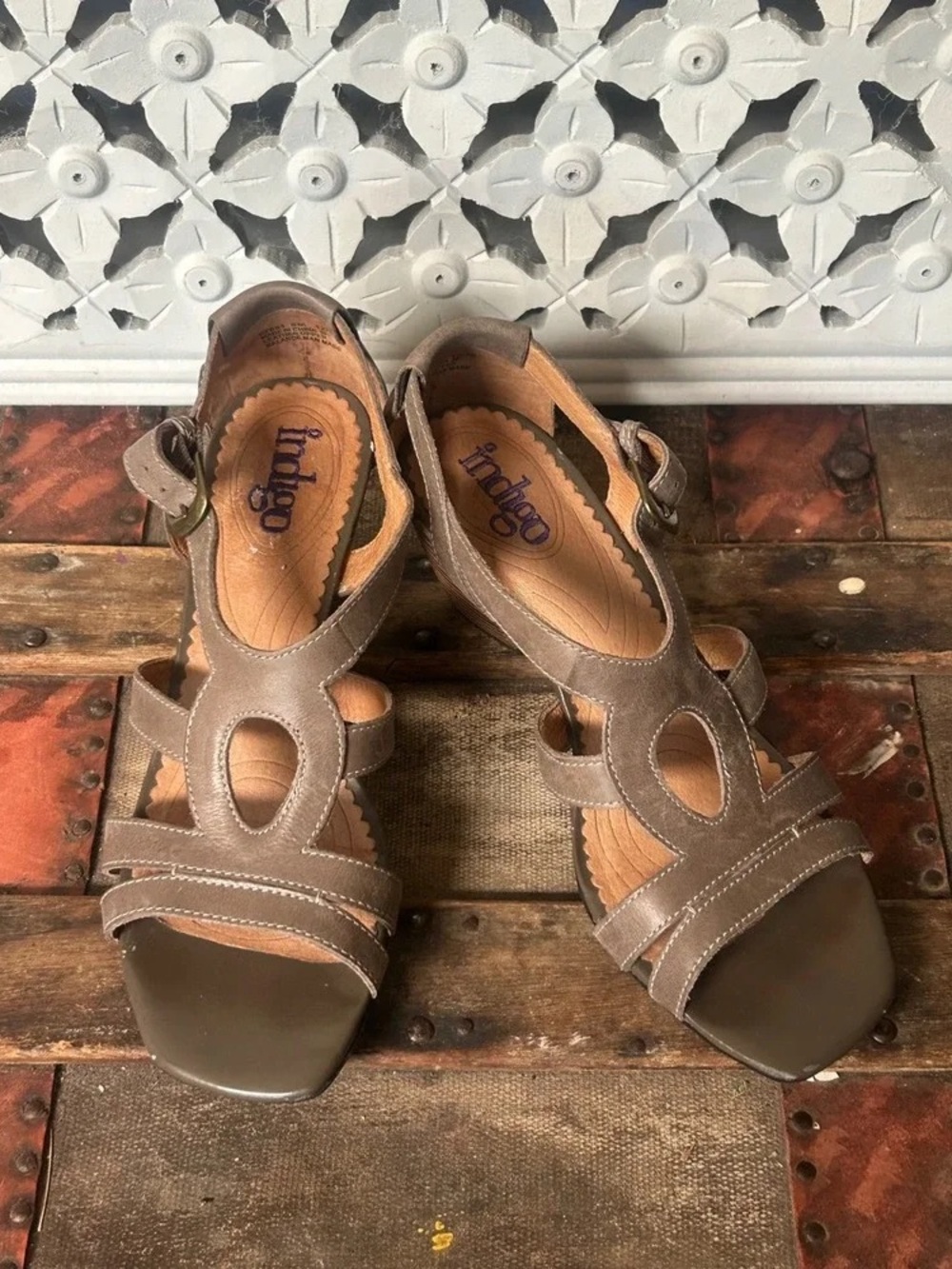 Indigo Brown Taupe Open-Toe Strappy Heels